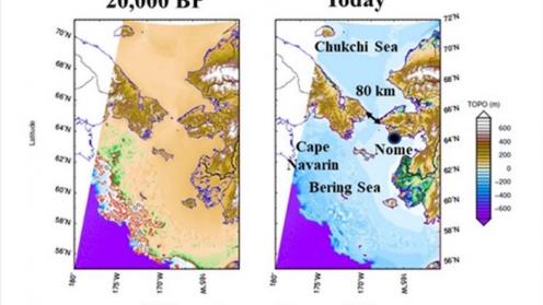 The sea level in the Bering Strait at the Last Glacial Maximum (20,000 years ago) versus today